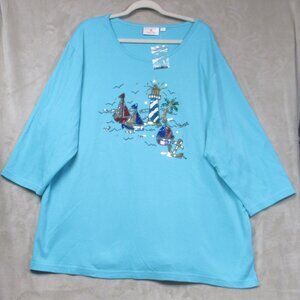 New Quacker Factory Blue Pull Over Sequin Nautical Theme 3/4 Sleeve T-Shirt 3X